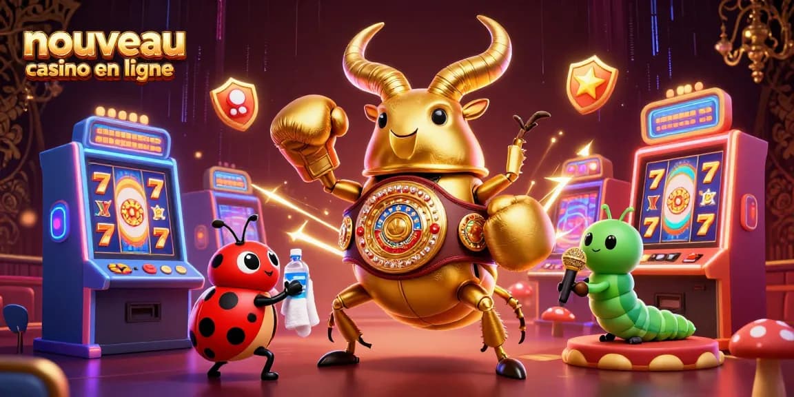Jouez dans un nouveau casino en ligne avec un scarabée géant et des machines à sous colorées.
