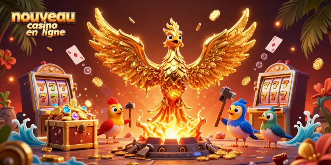 Explorez le nouveau casino en ligne avec une illustration captivante de machines à sous dynamiques et un phoenix doré.