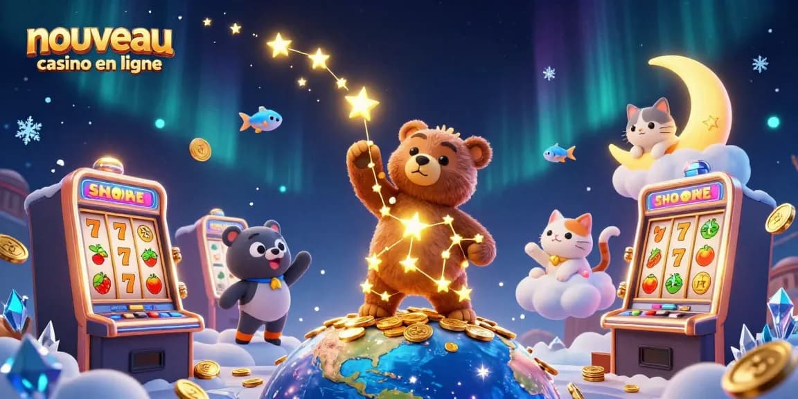 Jouez au nouveau casino en ligne avec une scène animée de machines à sous et des personnages fantastiques.