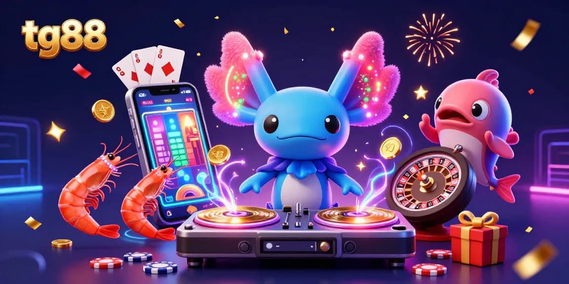 Spin the reels with tg88 in this vibrant casino undersea scene featuring an axolotl DJ and dancing shrimp.