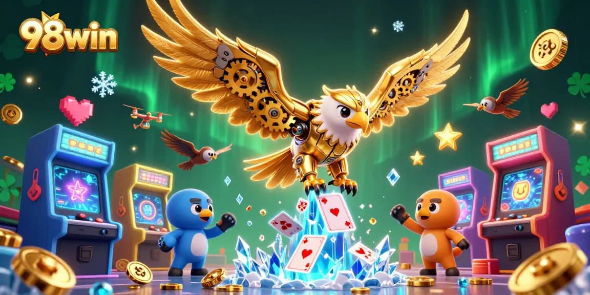 Experience the thrill at 98win with a vibrant casino scene featuring a golden eagle and arcade game elements.