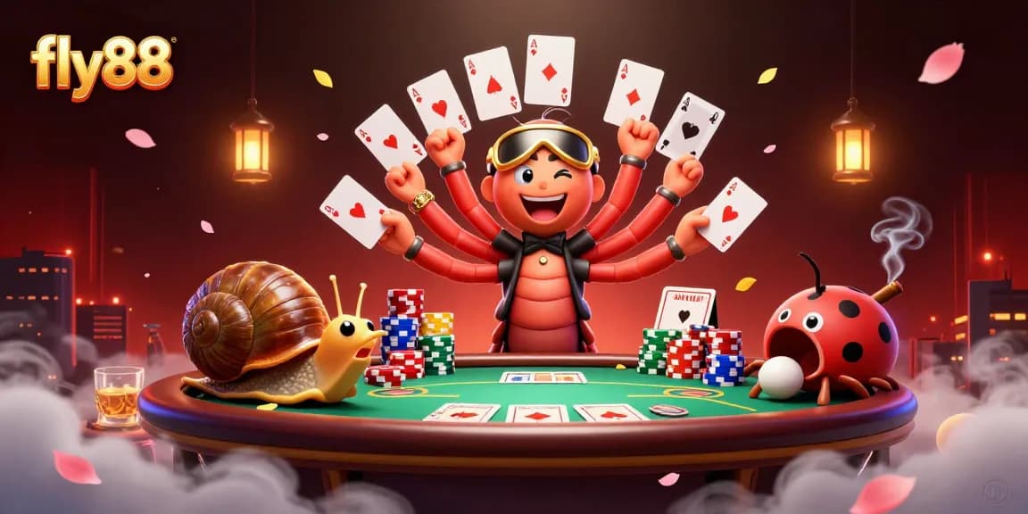 Winning excitement at fly88 with a millipede dealer, a high-rolling snail, and vibrant poker elements.