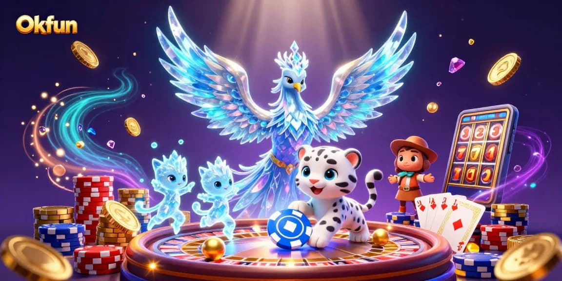 Experience the excitement of Okfun with a vibrant 3D illustration of gaming characters like an ice phoenix and snow leopard.