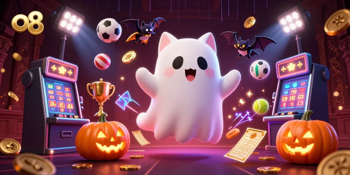 Experience thrilling gaming at o8 with the ghost cat and sports elements in a vibrant casino scene.