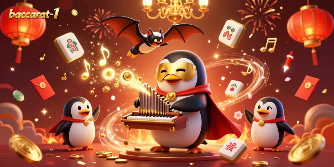 Engage in baccarat-1 as a phantom penguin plays for golden fortune amidst celebratory elements.