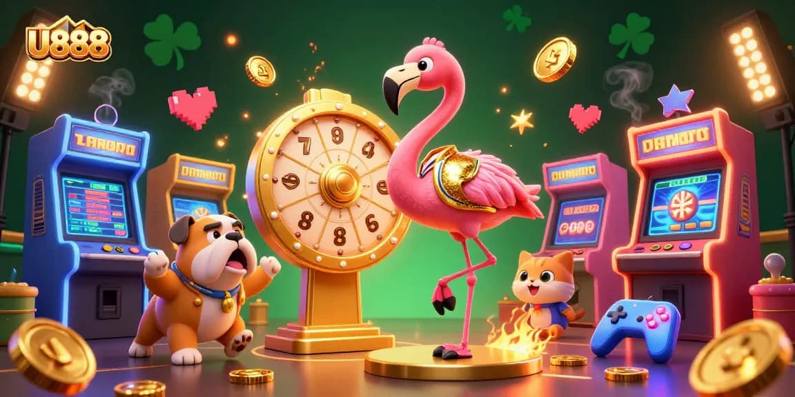Experience the thrill of U888 with a playful bulldog and a flamingo host spinning prizes at a lively game show.
