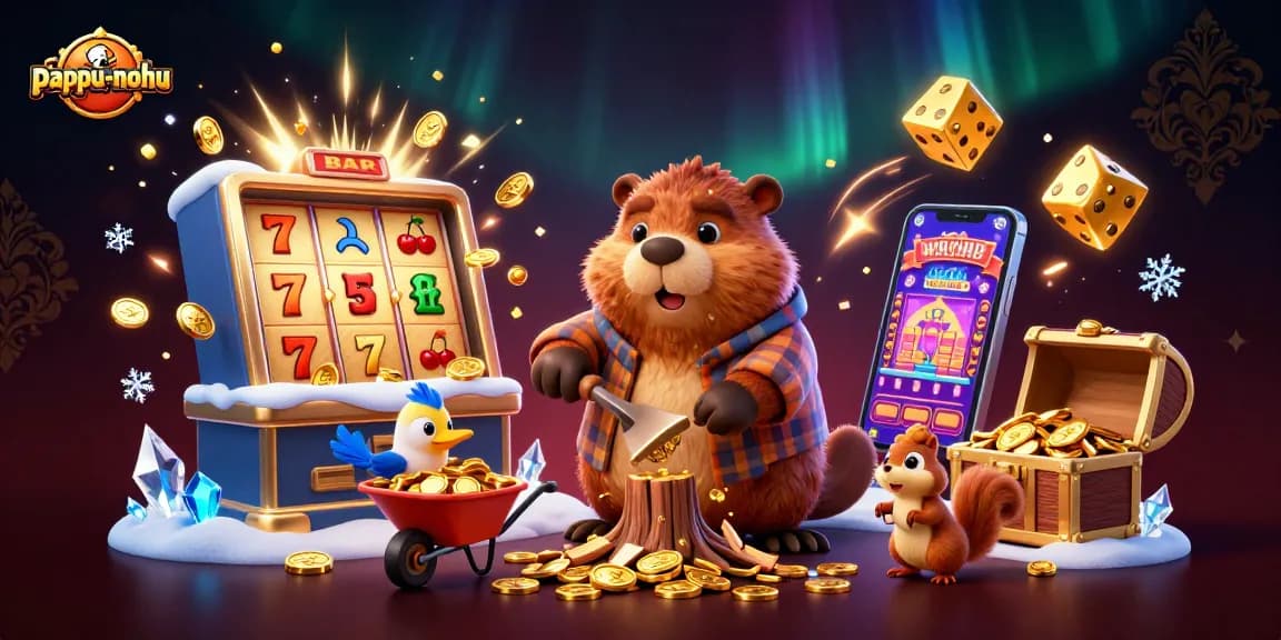 Pappu-nohu offers a vibrant casino scene with a playful lumberjack beaver gathering gold amid dynamic game elements.