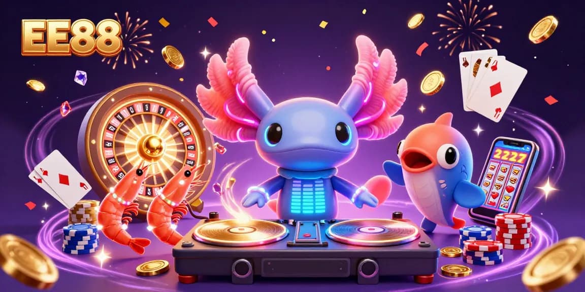 Experience the thrill of EE88 with an energetic casino illustration showcasing lively characters and vibrant gaming elements.