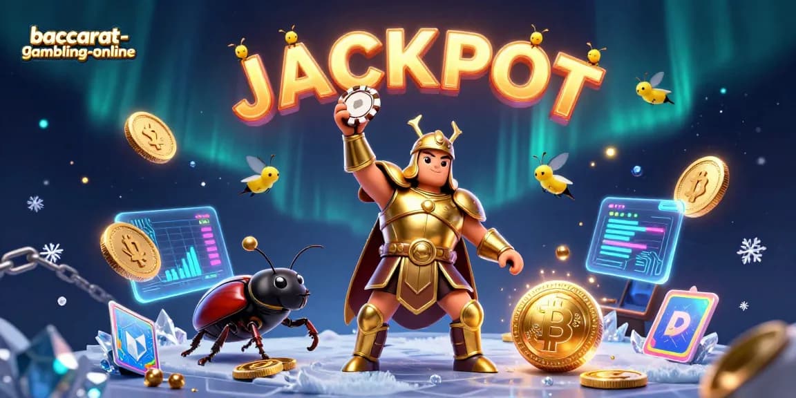 Baccarat-gambling-online showcases a victorious hercules beetle celebrating in a casino-themed illustration, highlighting gaming excitement.