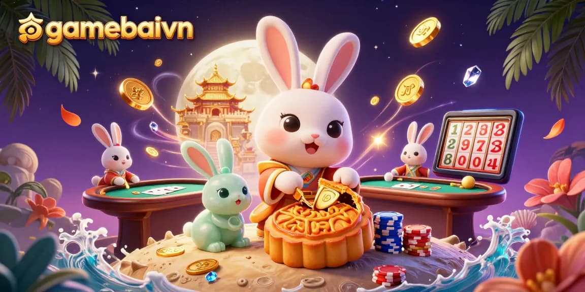 Join the moon rabbit on gamebaivn as it reveals poker chips in a vibrant lunar casino scene.