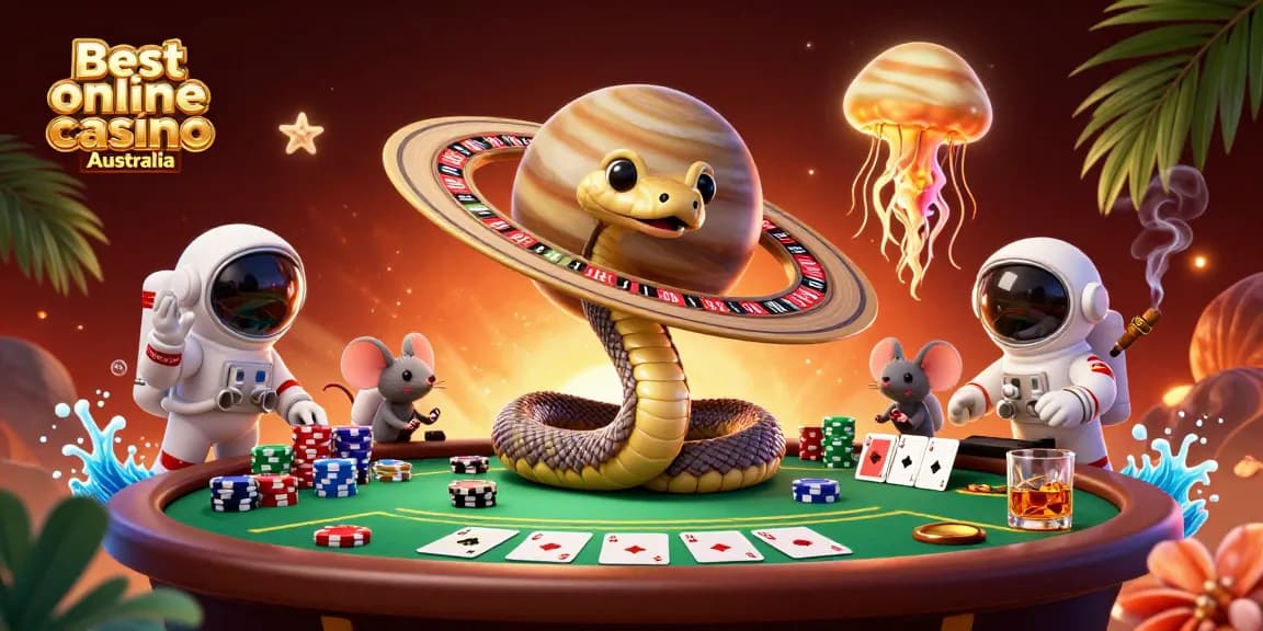 Engaging 3D casino scene highlighting Best online casino Australia with astronaut mice placing bets.