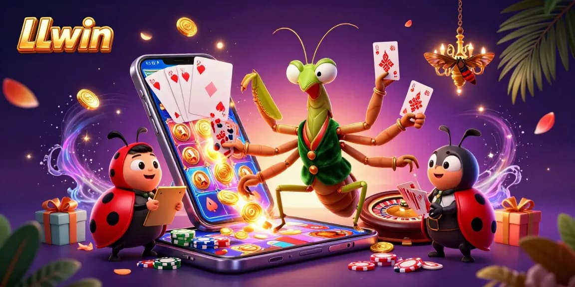 Experience thrilling action as LLwin offers a giant praying mantis dealer, pouring champagne in a vibrant casino scene.