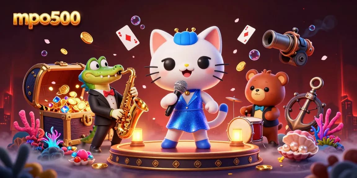 Engage with mpo500 casino adventure featuring a jazzy cat, a croc with sax, and a bear on drums.