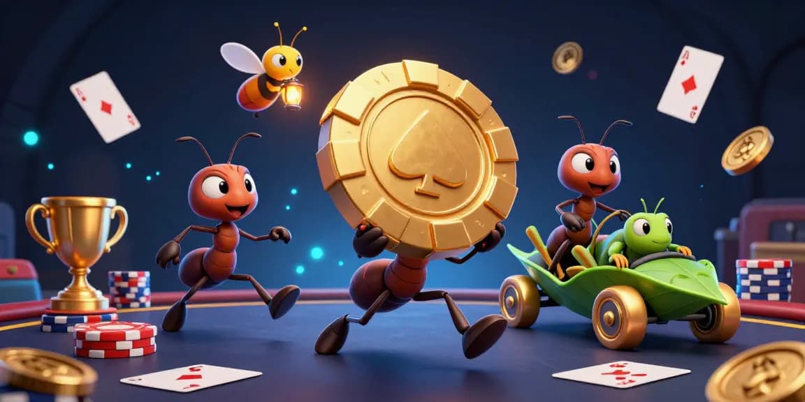 Engage with choigamebai as ants execute a poker heist while detouring game elements in a lively underground setting.