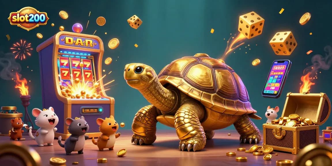 Play exciting games with slot200 illustrated scene featuring a golden tortoise pinball machine, jackpots, and animals.