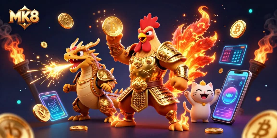 Experience the excitement of MK8 with dynamic rooster and dragon characters in a colorful crypto casino scene.