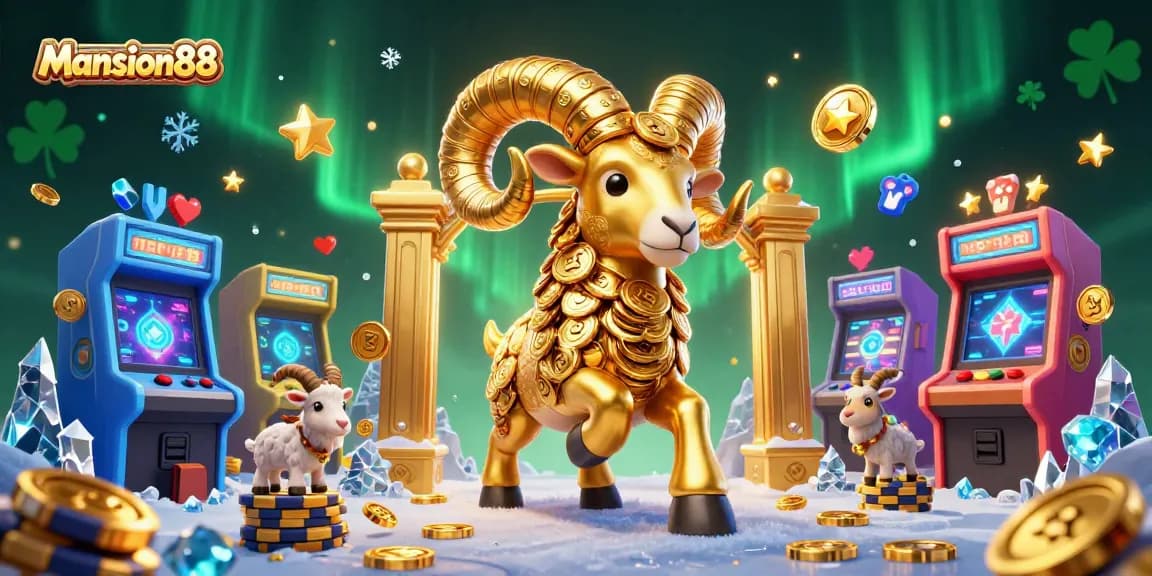 Mansion88 offers thrilling online gaming experiences with a dazzling golden ram charging through a vibrant casino setting.