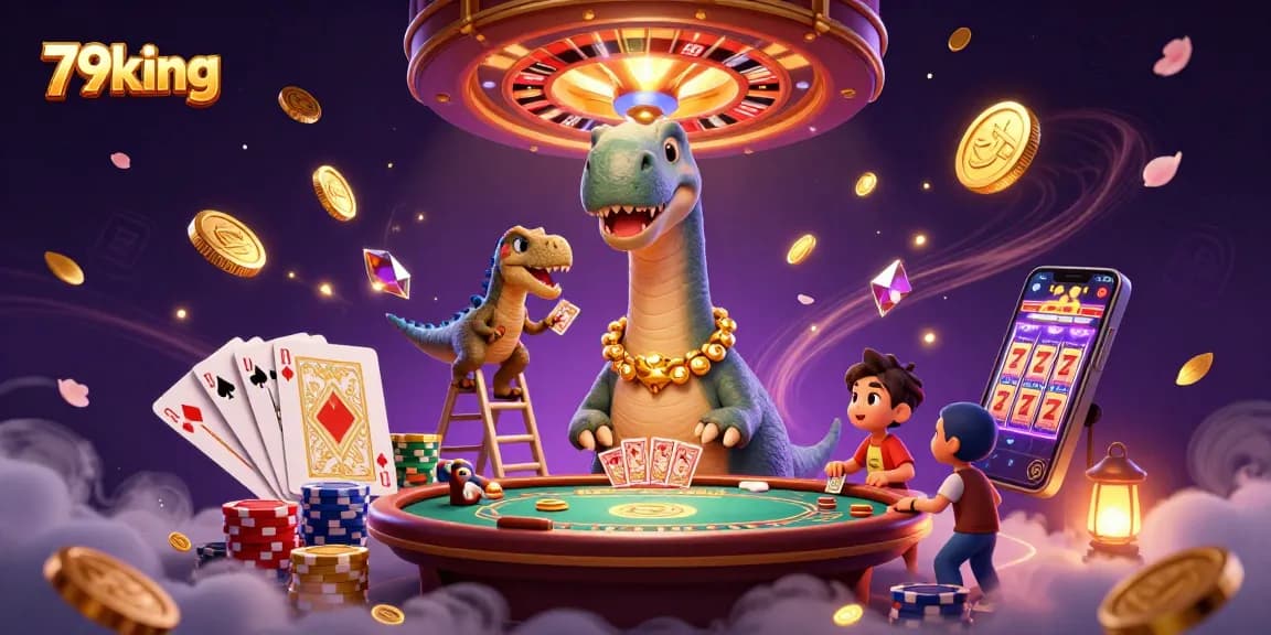 Engage with 79king's thrilling casino atmosphere featuring a brontosaurus dealer and vibrant games.