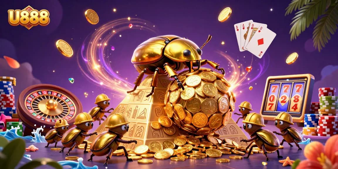 Experience thrilling gaming at U888 with a golden dung beetle, coins, and vibrant casino elements.