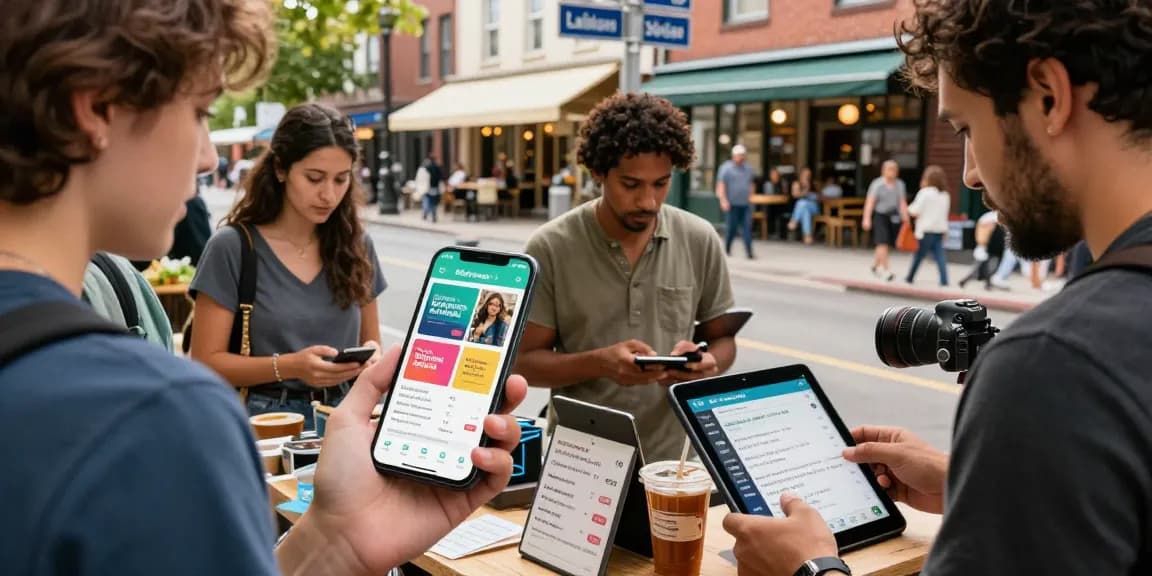 Engaged users exploring BedPersonal for local classifieds in a vibrant marketplace setting.
