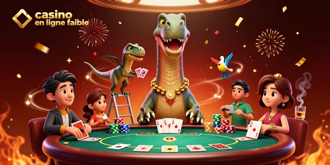 Découvrez une scène dynamique au casino en ligne fiable avec un brontosaurus et un raptor jouant aux cartes.