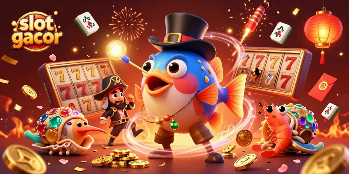 Engage with slot gacor action featuring a 3D anglerfish, pirate shrimp, and gem snail amidst casino elements.