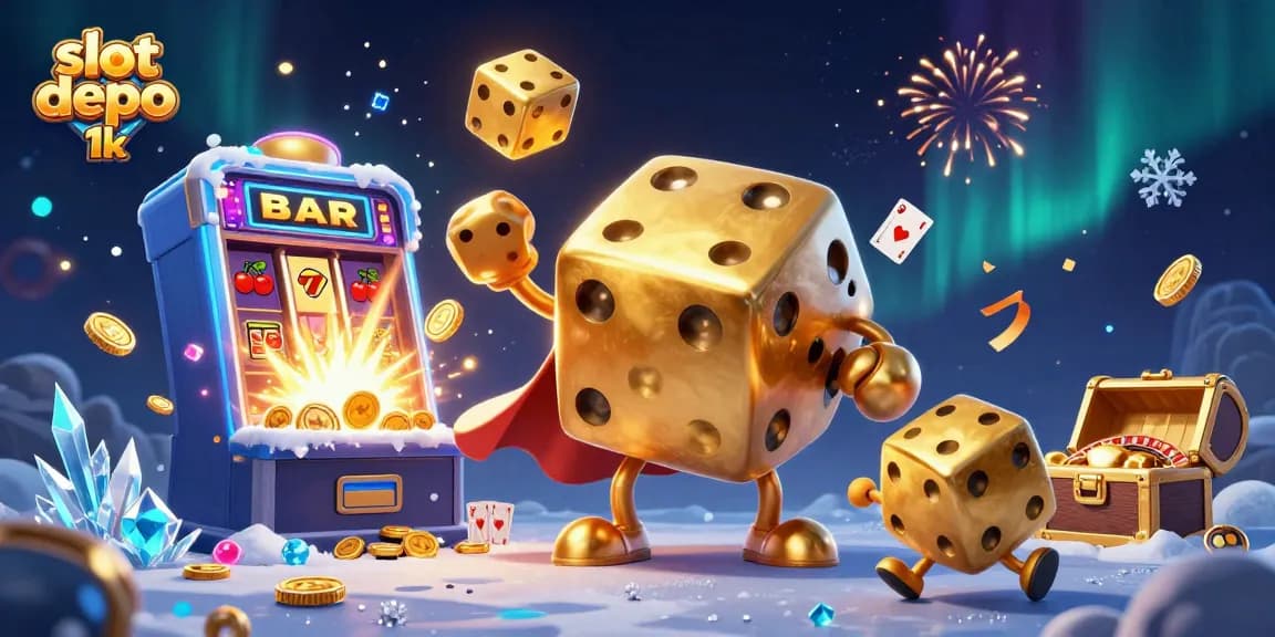 Permainan slot depo 1k dengan dadu emas dan mesin slot jackpot yang berkilau.