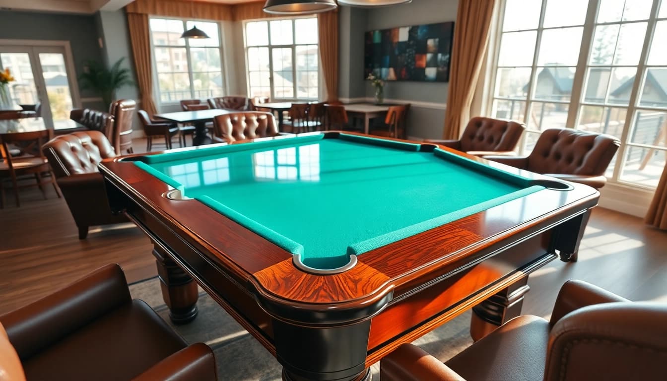 Buy Pool Tables in a luxurious game room with a polished mahogany surface and stylish decor.