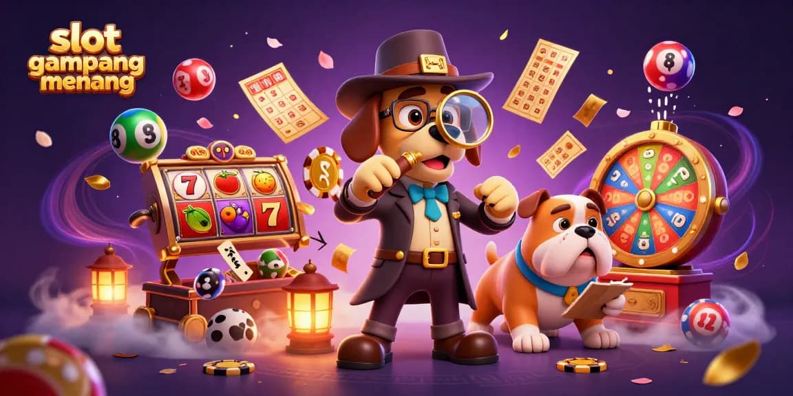 Investigate slot gampang menang with a detective and bulldog, revealing exciting treasure in a colorful casino scene.