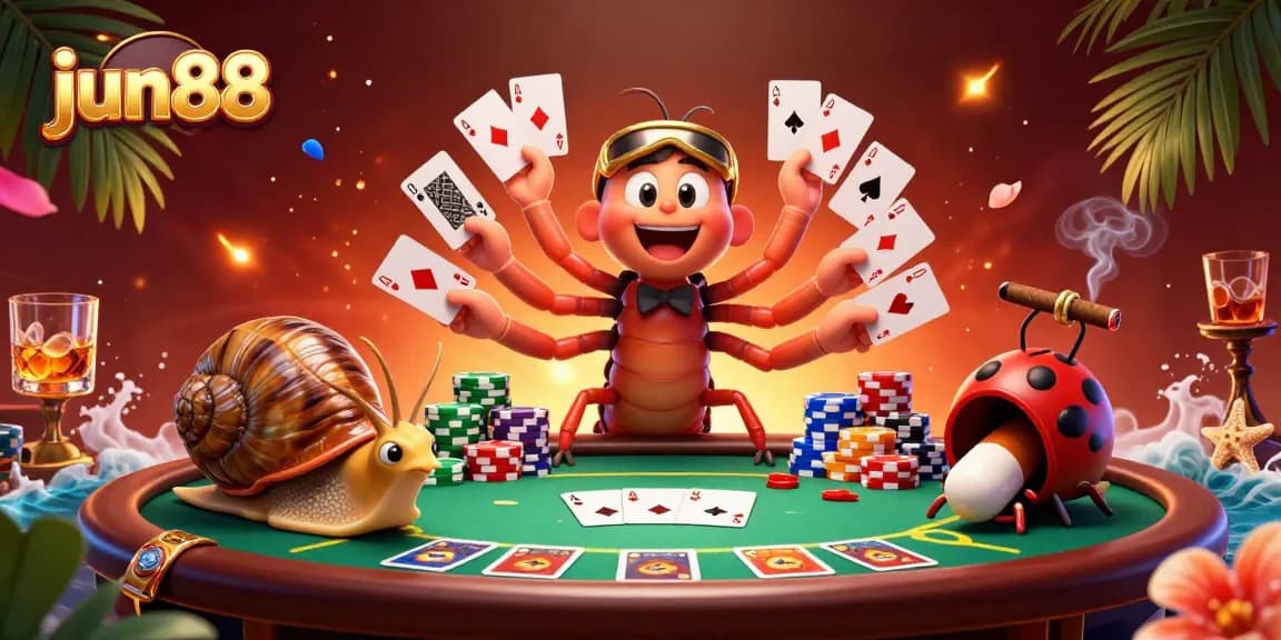 Experience excitement at jun88 with a 3D casino scene showcasing vibrant characters and poker action.