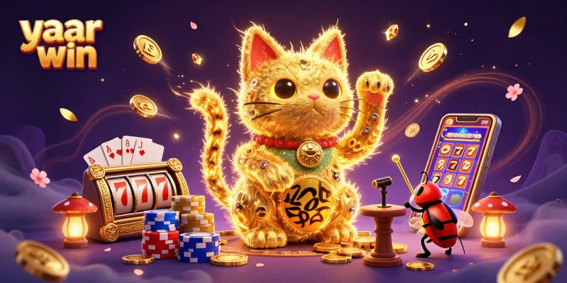 Experience the yaar win excitement with a magical scene of a lucky cat and sparkling casino symbols.