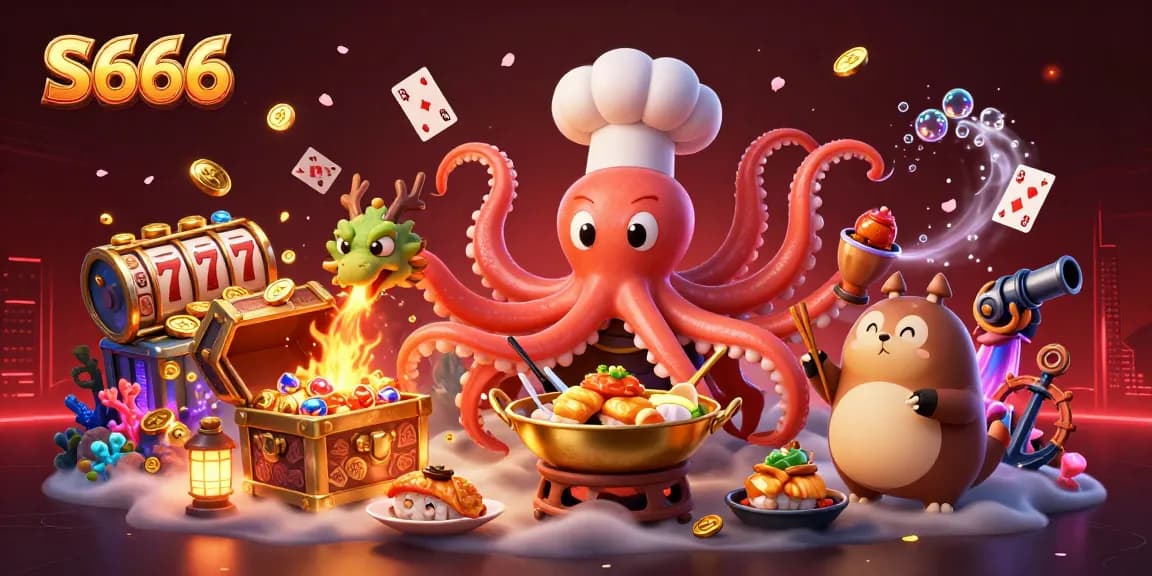 Experience exciting gaming at S666 with a vibrant illustration featuring an octopus chef and jackpot action.