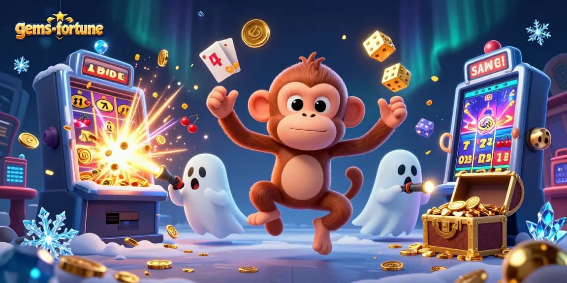 Experience gems-fortune with a playful monkey and a curious puppy in a thrilling casino scene.