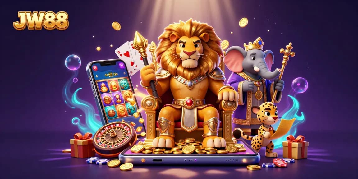 JW88 gaming scene with a majestic lion and vibrant slot game action