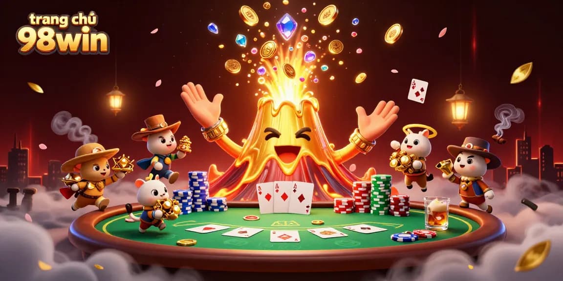 Experience exciting gaming at trang chủ 98win with thrilling visuals of coins and poker elements.