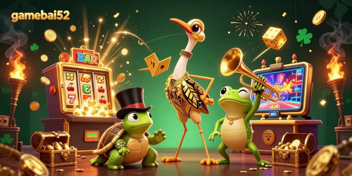 Join the excitement of gamebai52 to unveil a vibrant casino scene with characters and jackpot elements.