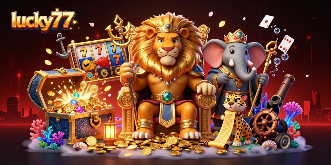 Experience the thrill of lucky77 with a vibrant 3D casino scene filled with gold coins and dynamic game elements.