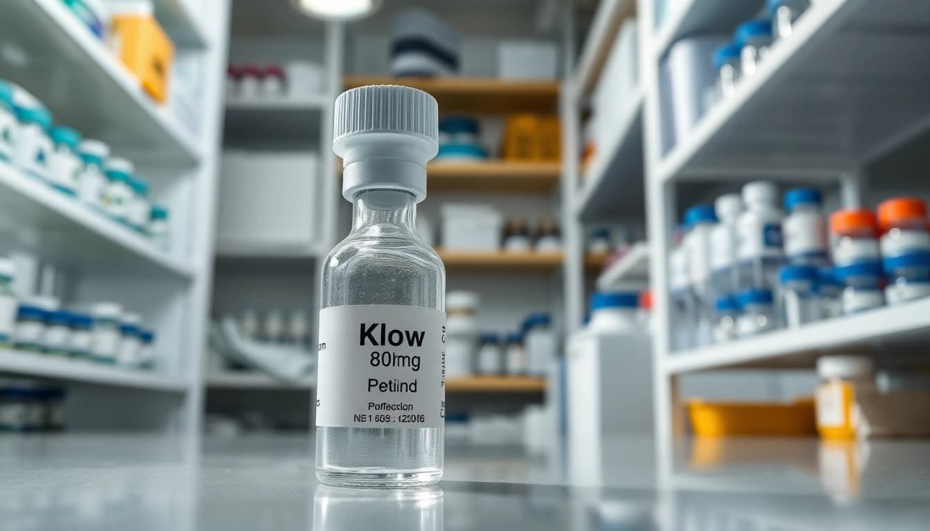 Showcase of klow 80mg vial in a professional lab setting, emphasizing purity and research.