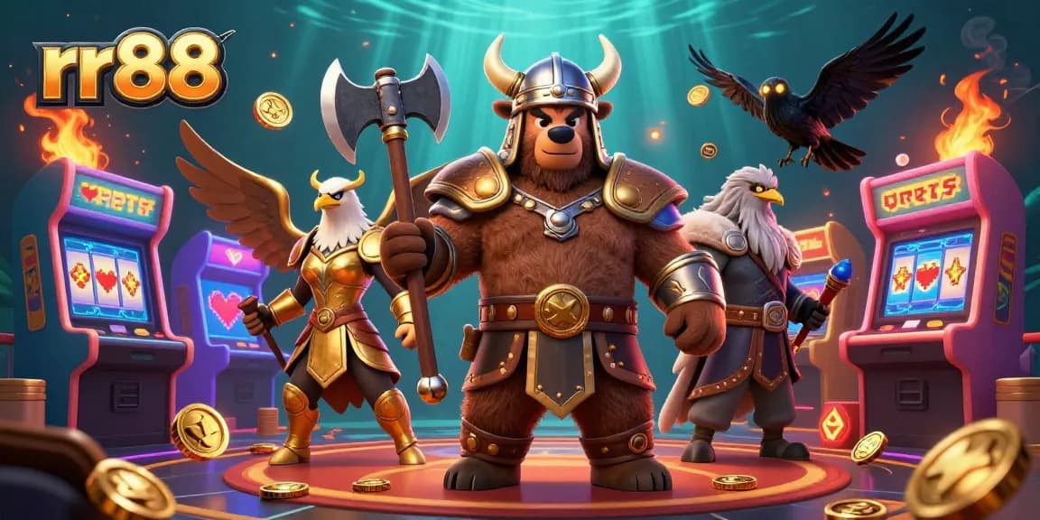 Experience thrilling action and gaming excitement at rr88 with an epic casino illustration presenting a Viking bear and Valkyrie eagle.