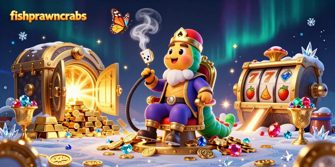 Experience fishprawncrabs' lively casino atmosphere with vibrant slot reels and golden treasures.