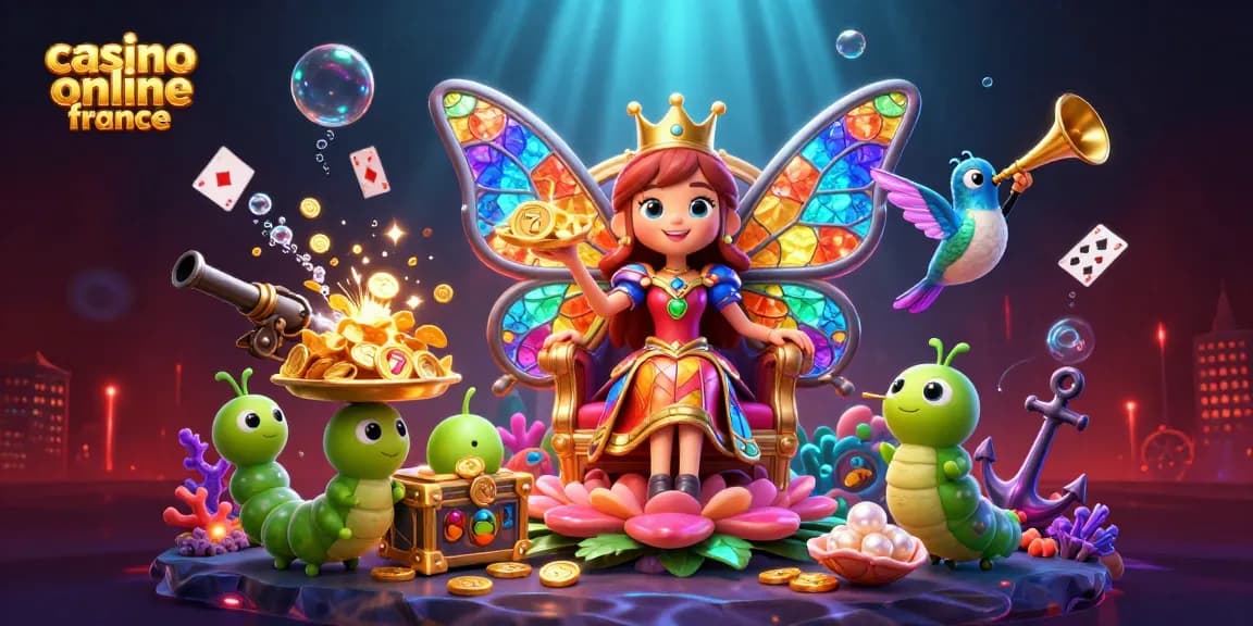 Jouez au casino en ligne en France avec une reine papillon et des éléments de jeu dynamiques.