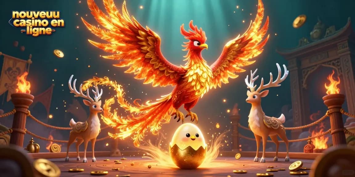 Découvrez le nouveau casino en ligne avec une illustration 3D captivante de phoenixs et d'éléments de jeu.