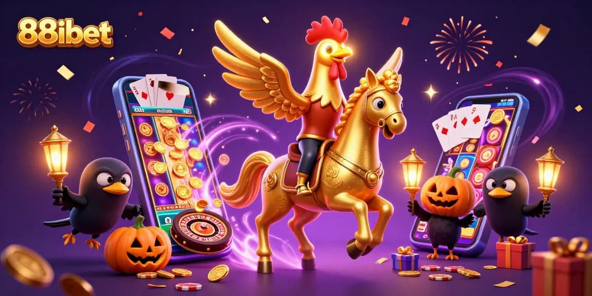 88ibet golden rooster rides through a vibrant casino scene bursting with games and excitement.
