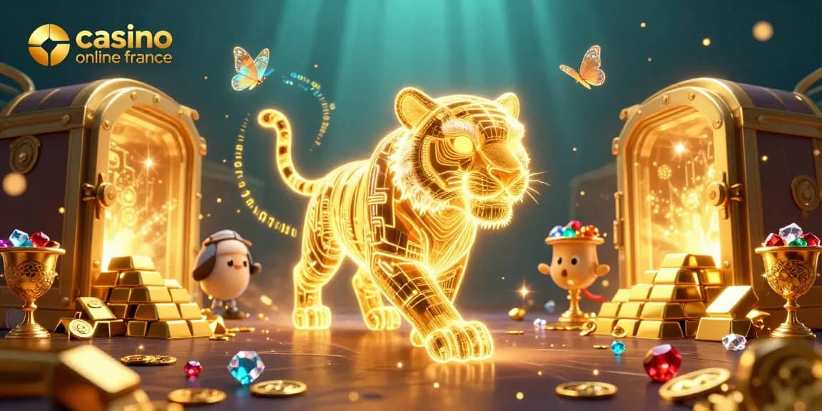 Gagnez au casino en ligne France avec des gemmes scintillantes et un tigre lumineux dans un paysage numérique.