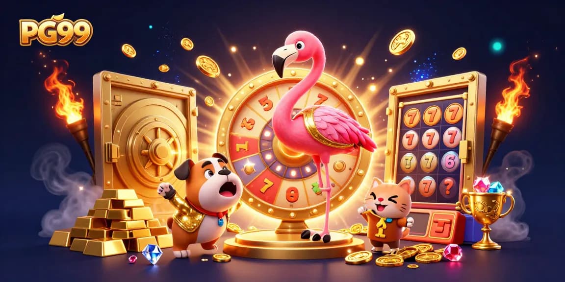 Experience the excitement of PG99 with a cartoon scene of gaming fun and prizes!