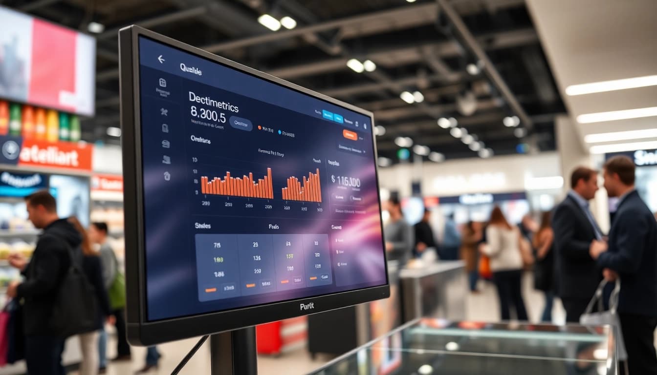 Visualize queue detection software on a monitor, showcasing efficient management in a busy retail space.