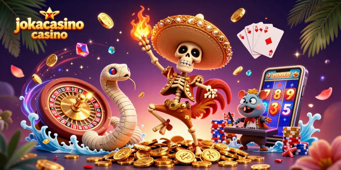 Join the fun at jokacasino casino with a vibrant scene of gaming characters and exciting casino elements.