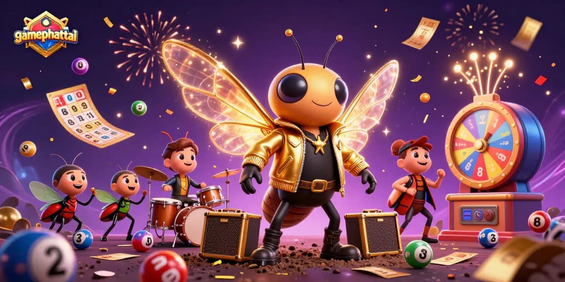 Win big with gamephattai as vibrant lottery elements surround a rock star in a lively casino scene.