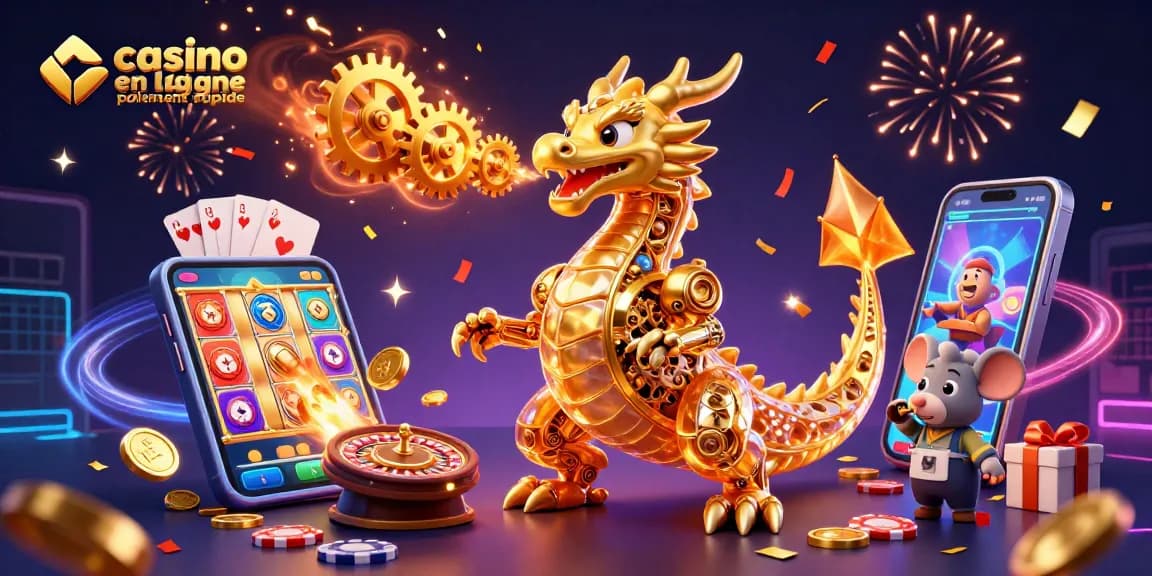 Visualisez un dragon en or pour un casino en ligne paiement rapide, avec des éléments de jeux colorés.