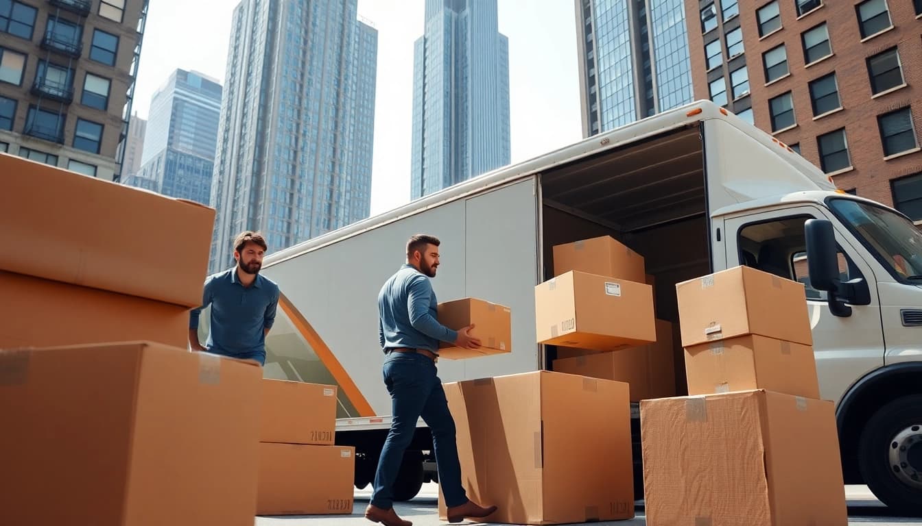 Efficient moving services by a New York moving company showcasing professionals loading boxes.
